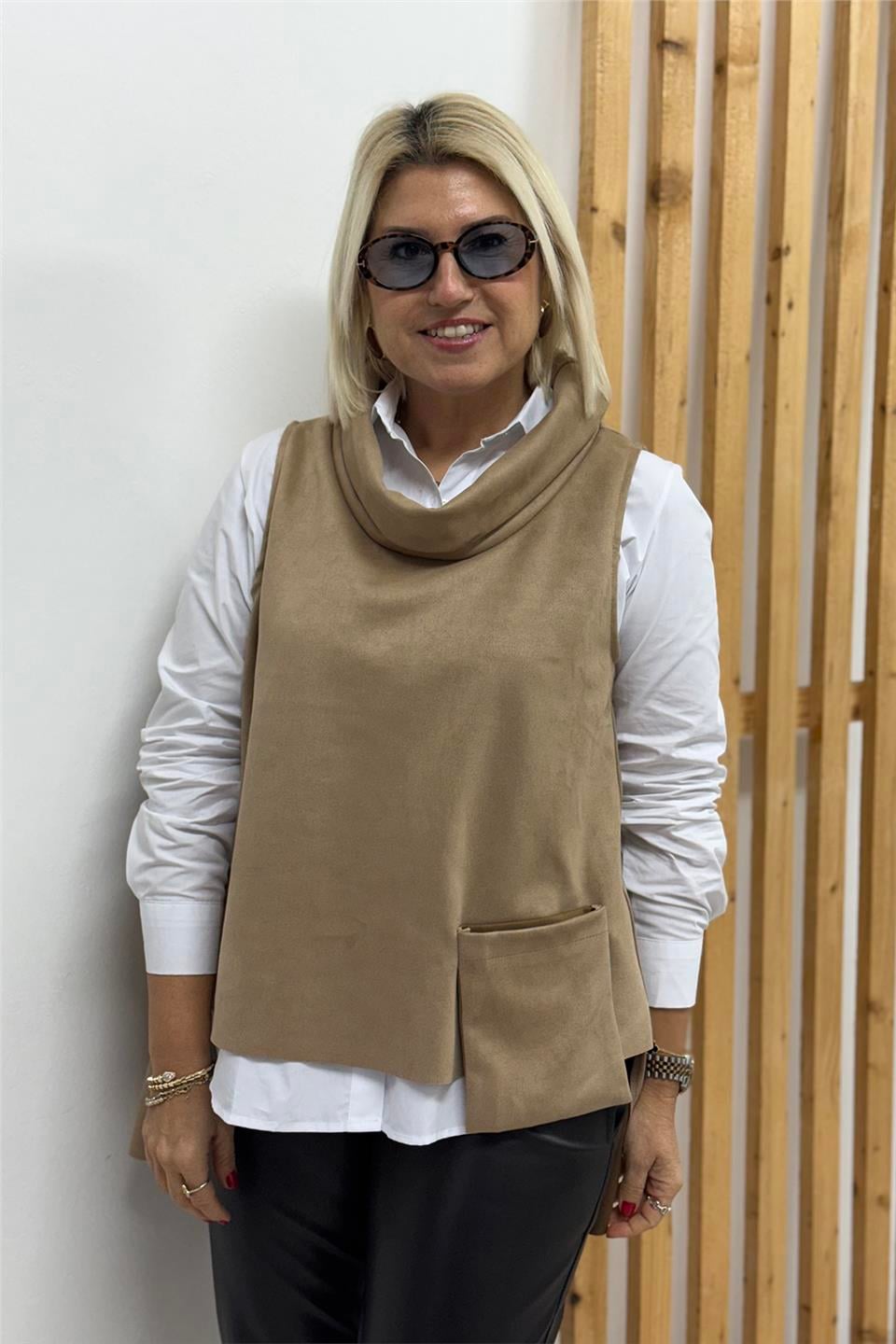 Camel Kolsuz Cep Detay Süet Verev Kesim SüveterUSW0243022-CAMEL-STD