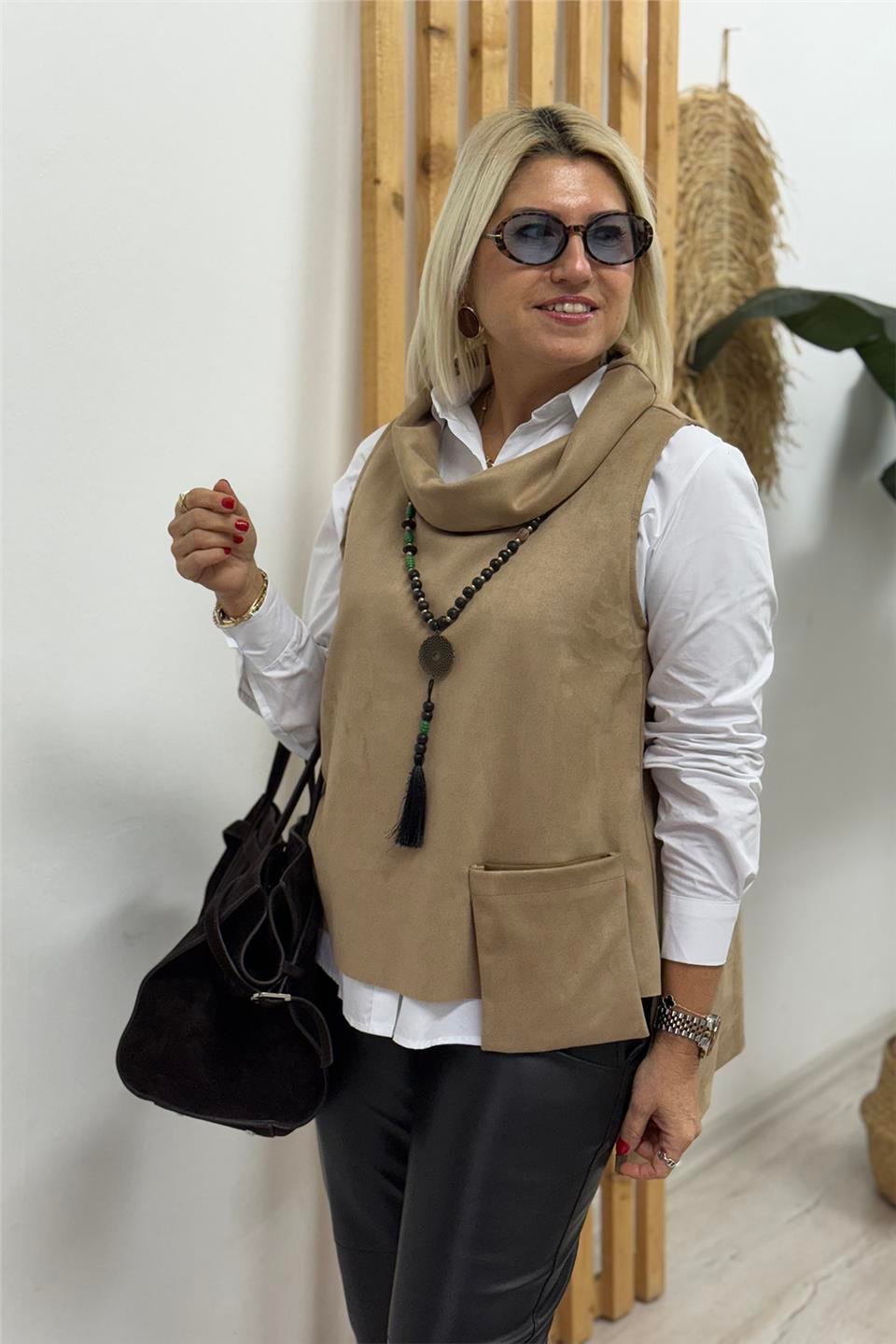Camel Kolsuz Cep Detay Süet Verev Kesim SüveterUSW0243022-CAMEL-STD