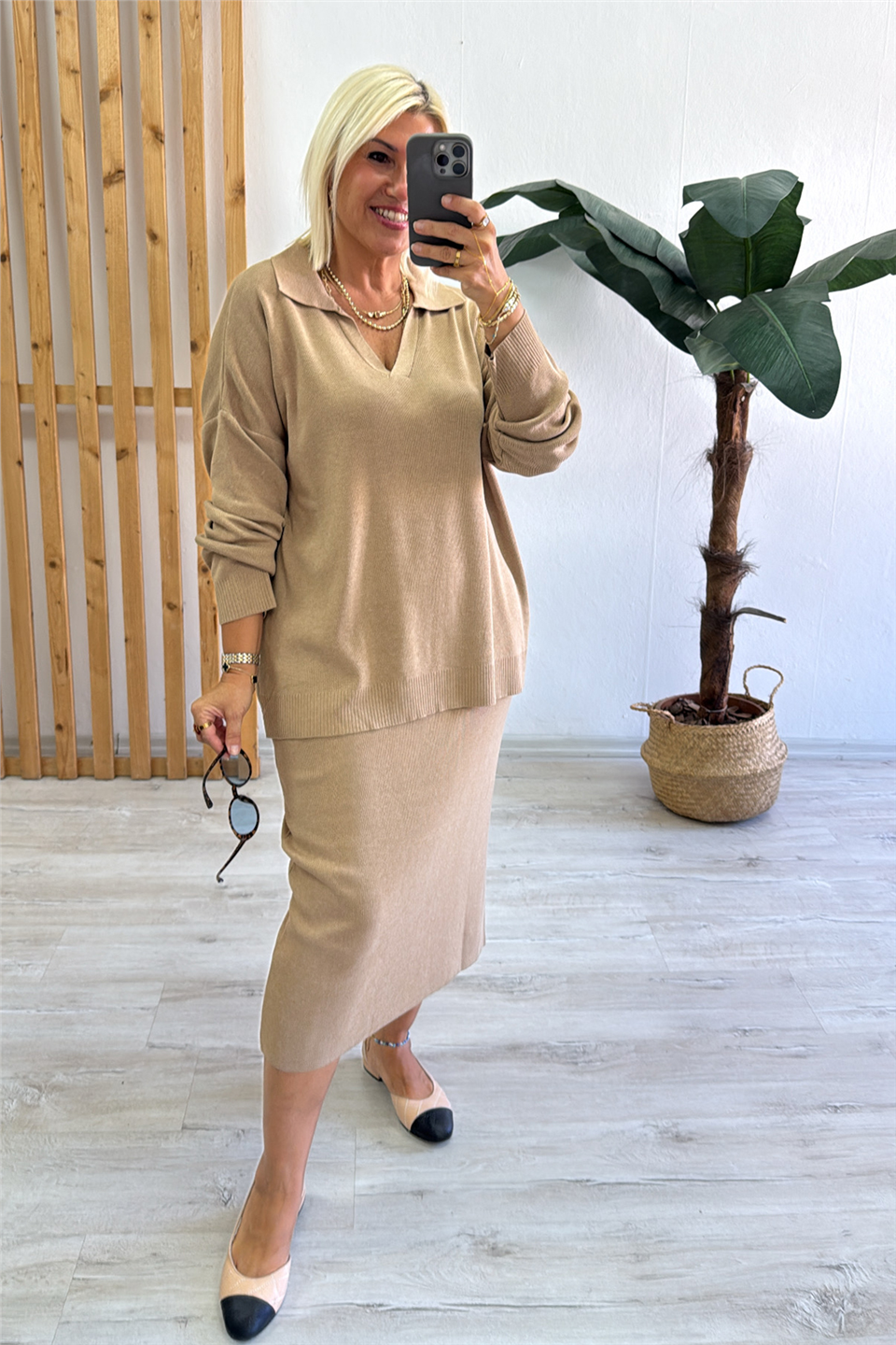 Camel Polo Yaka Kalem Etekli Triko İkili TakımUTK25012026-CAMEL-STD