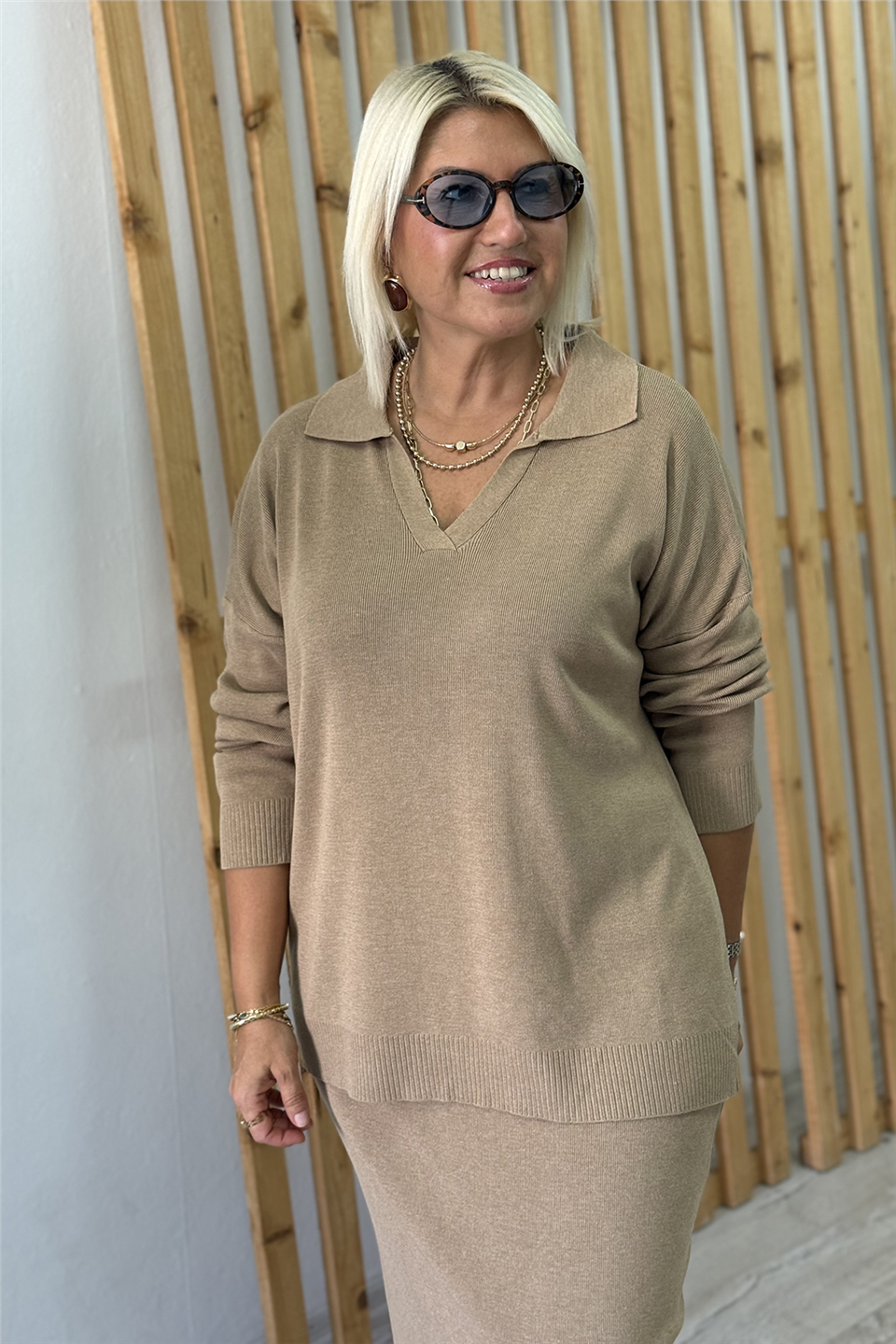 Camel Polo Yaka Kalem Etekli Triko İkili TakımUTK25012026-CAMEL-STD
