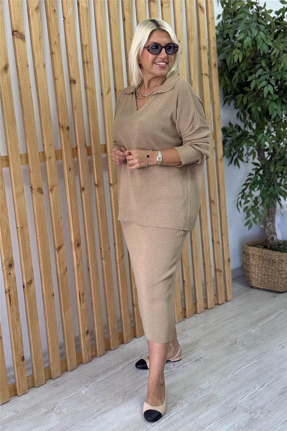 Camel Polo Yaka Kalem Etekli Triko İkili TakımUTK25012026-CAMEL-STD