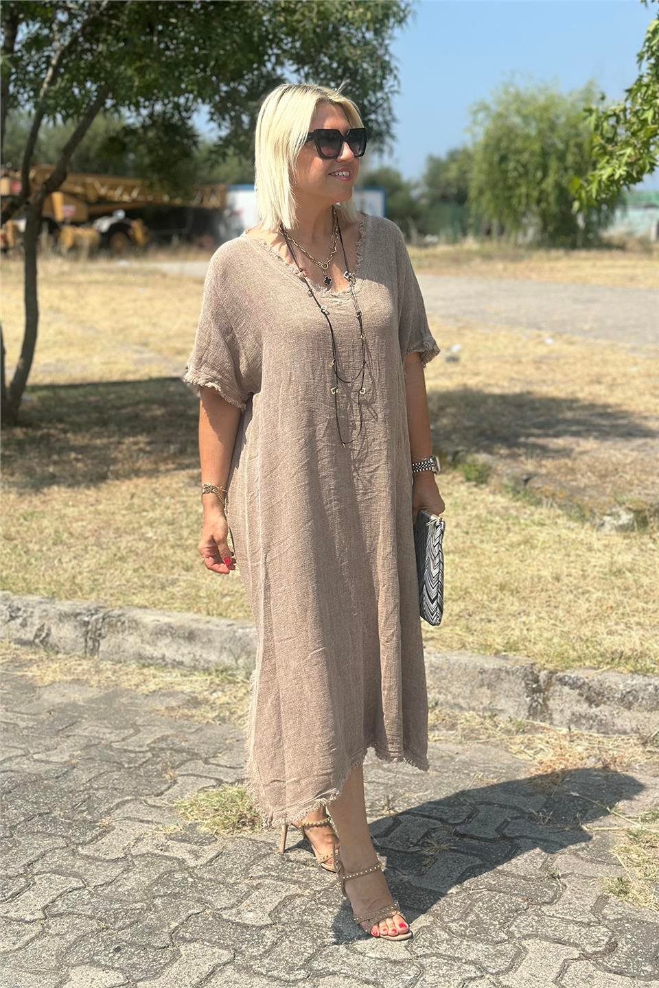 Camel V Yaka Pis Dikiş Salaş Keten ElbiseELB2401294-CAMEL-STD