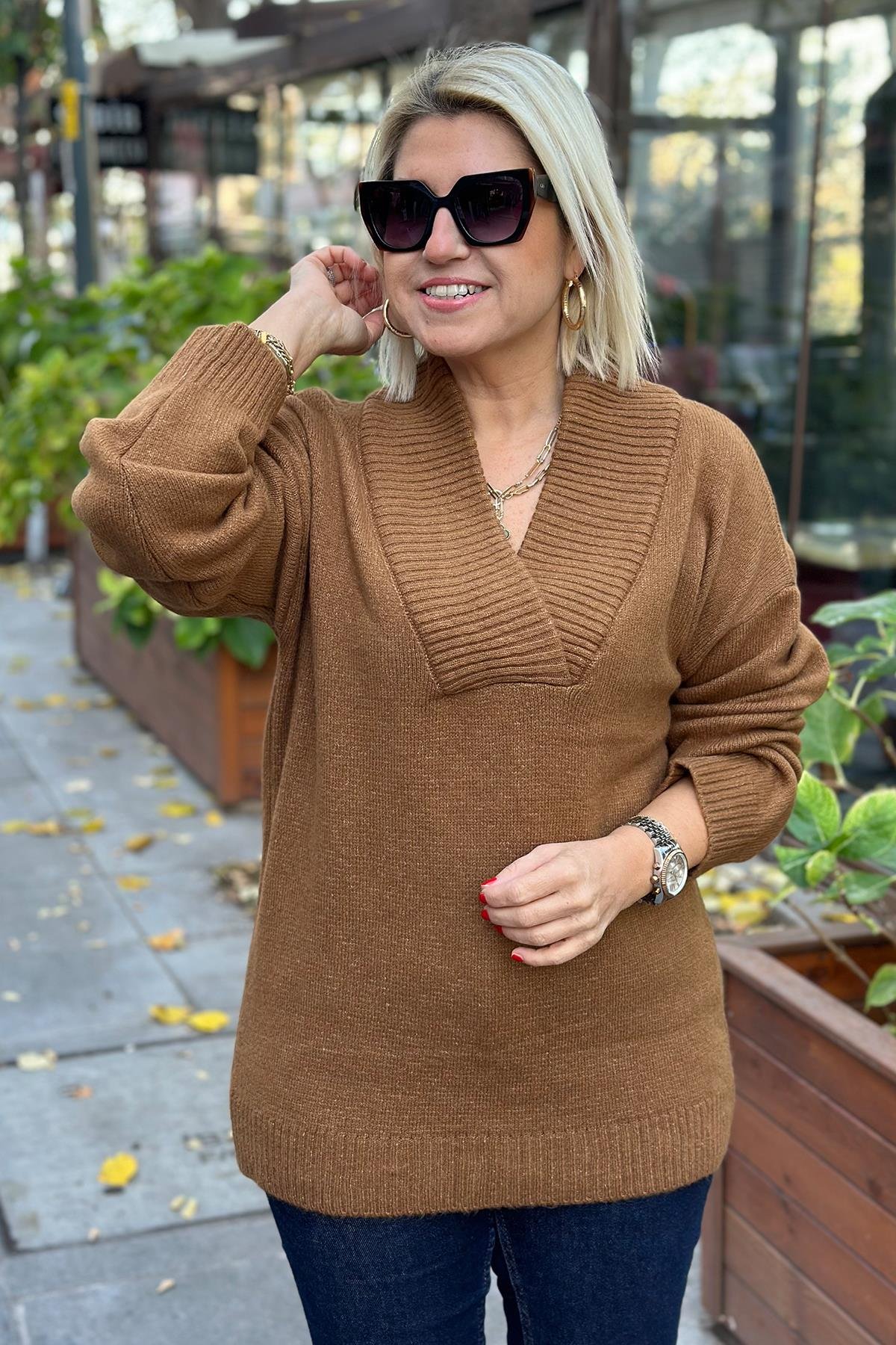 Camel V Yaka Yumoş Tunik TrikoUT24110924-CAMEL-STD