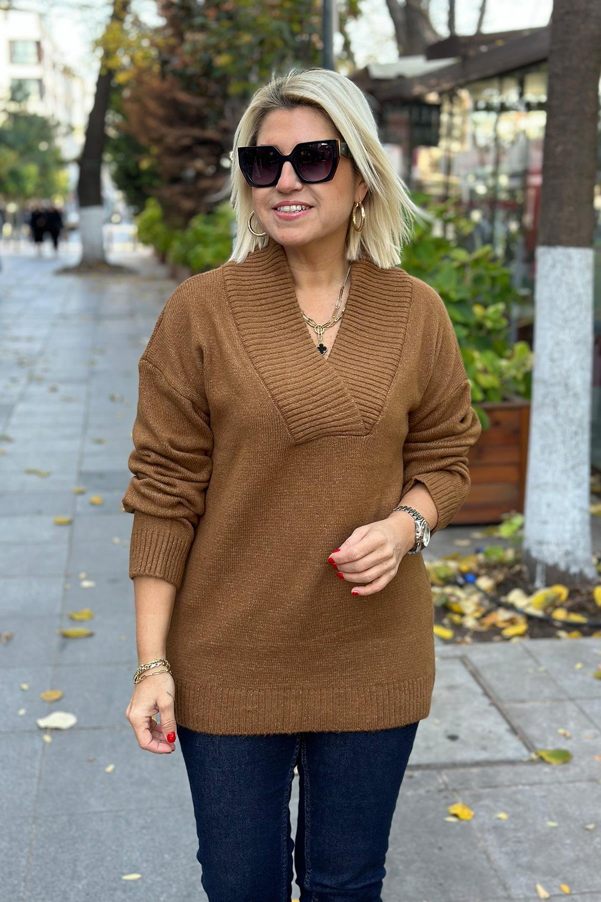 Camel V Yaka Yumoş Tunik TrikoUT24110924-CAMEL-STD