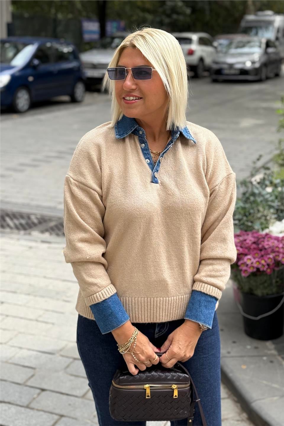 Camel Yaka ve Kol Denim Garnili Polo Yaka KazakUT24110991-CAMEL-STD