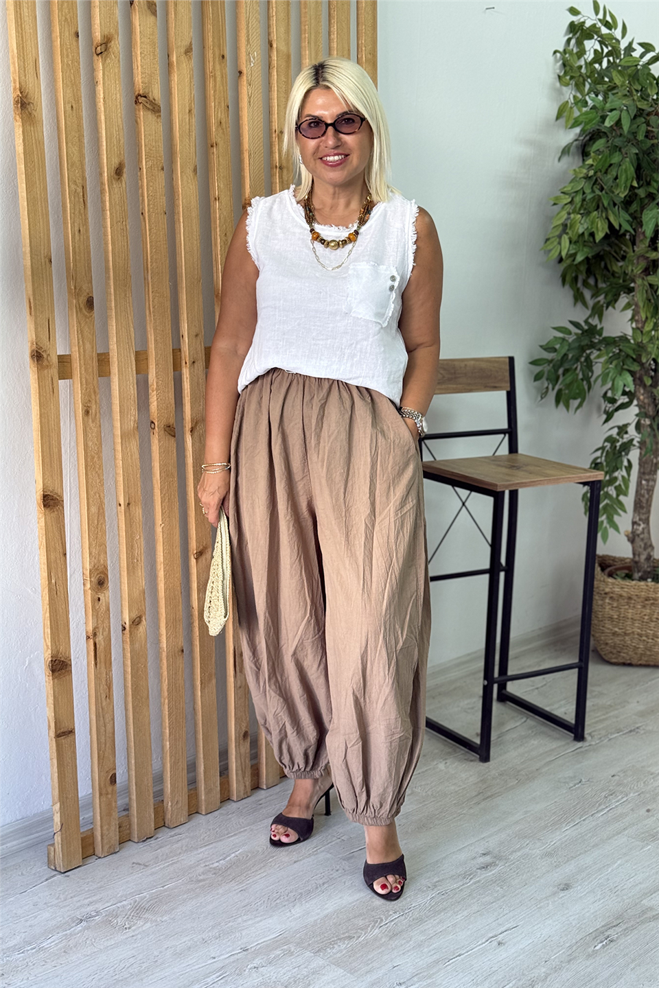 Cappucino Beli Kemer Detaylı Pamuk Şalvar PantolonAPNT20250984-CAPPUCINO-STANDART
