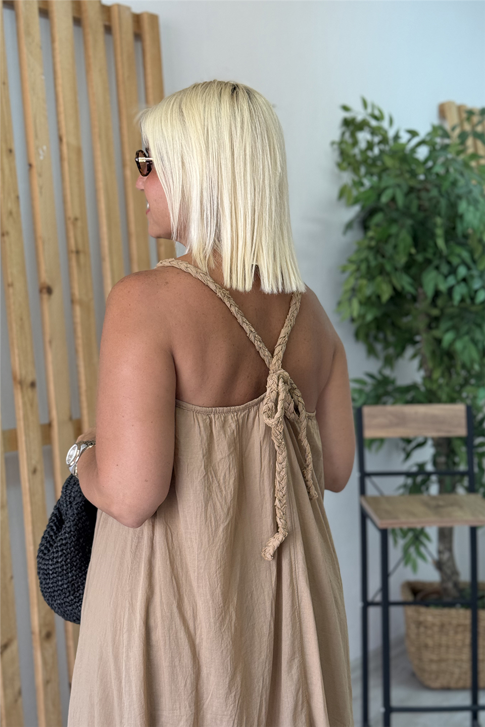 Cappucino Çapraz Askılı Astarlı Pamuk ElbiseELB26001100-CAPPUCINO-STD