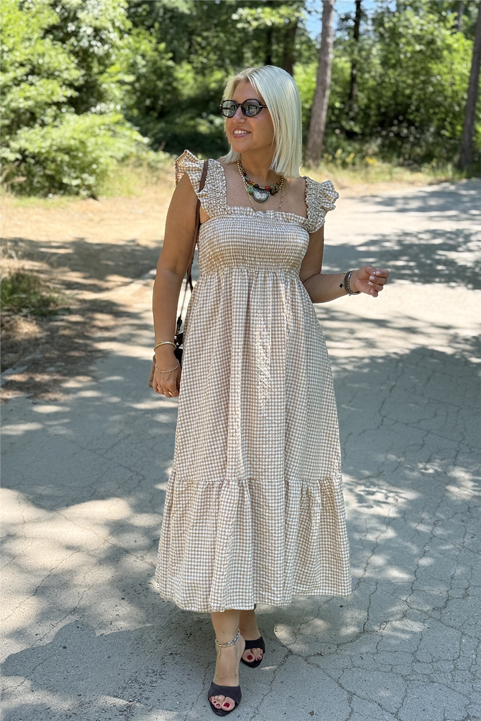 Cappucino Pötikare Kolları Fırfırlı Sıfır Kol Pamuklu ElbiseELB26001064-CAPPUCINO-STD