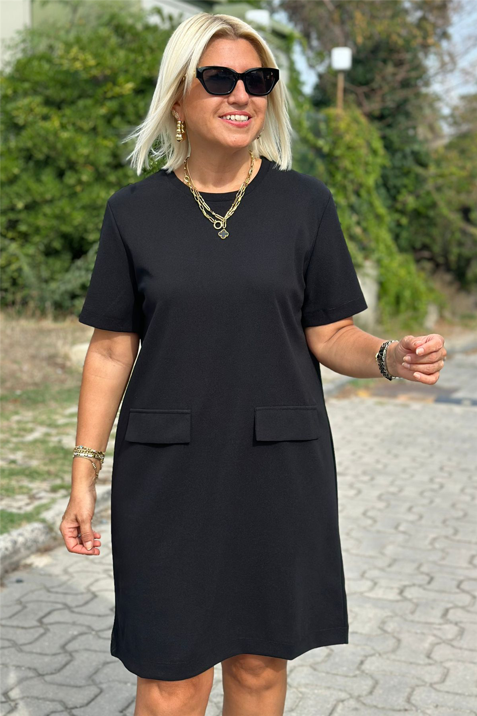 Çift Cepli Crep Kumaş ElbiseUK2232121309-SIYAH-42