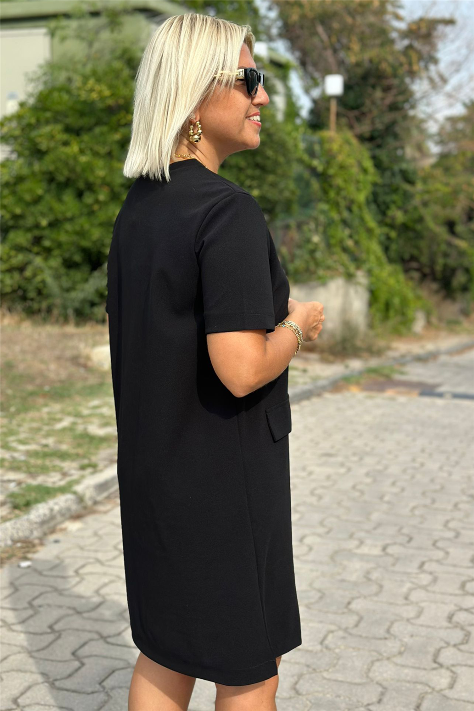 Çift Cepli Crep Kumaş ElbiseUK2232121309-SIYAH-42