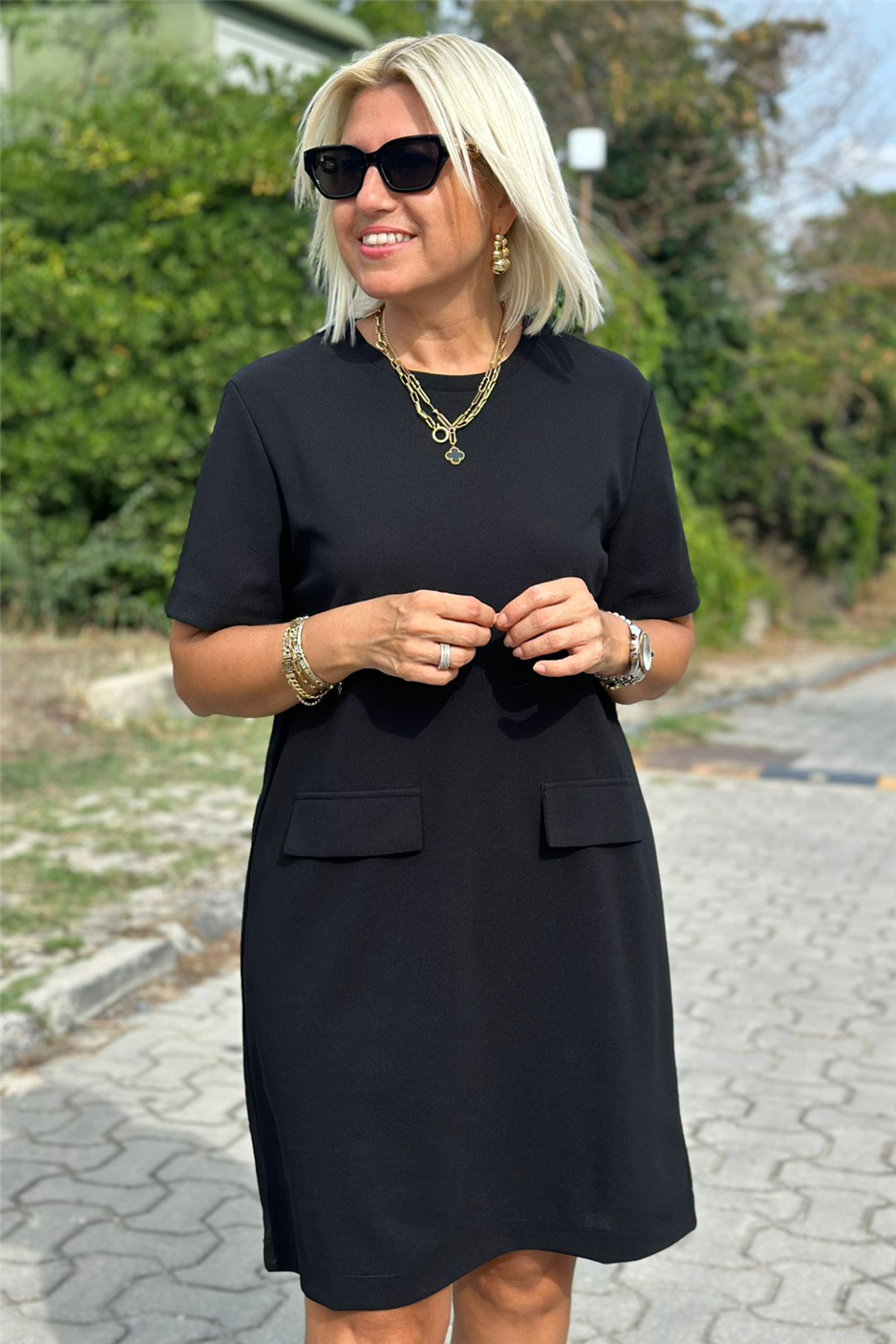 Çift Cepli Crep Kumaş ElbiseUK2232121309-SIYAH-42