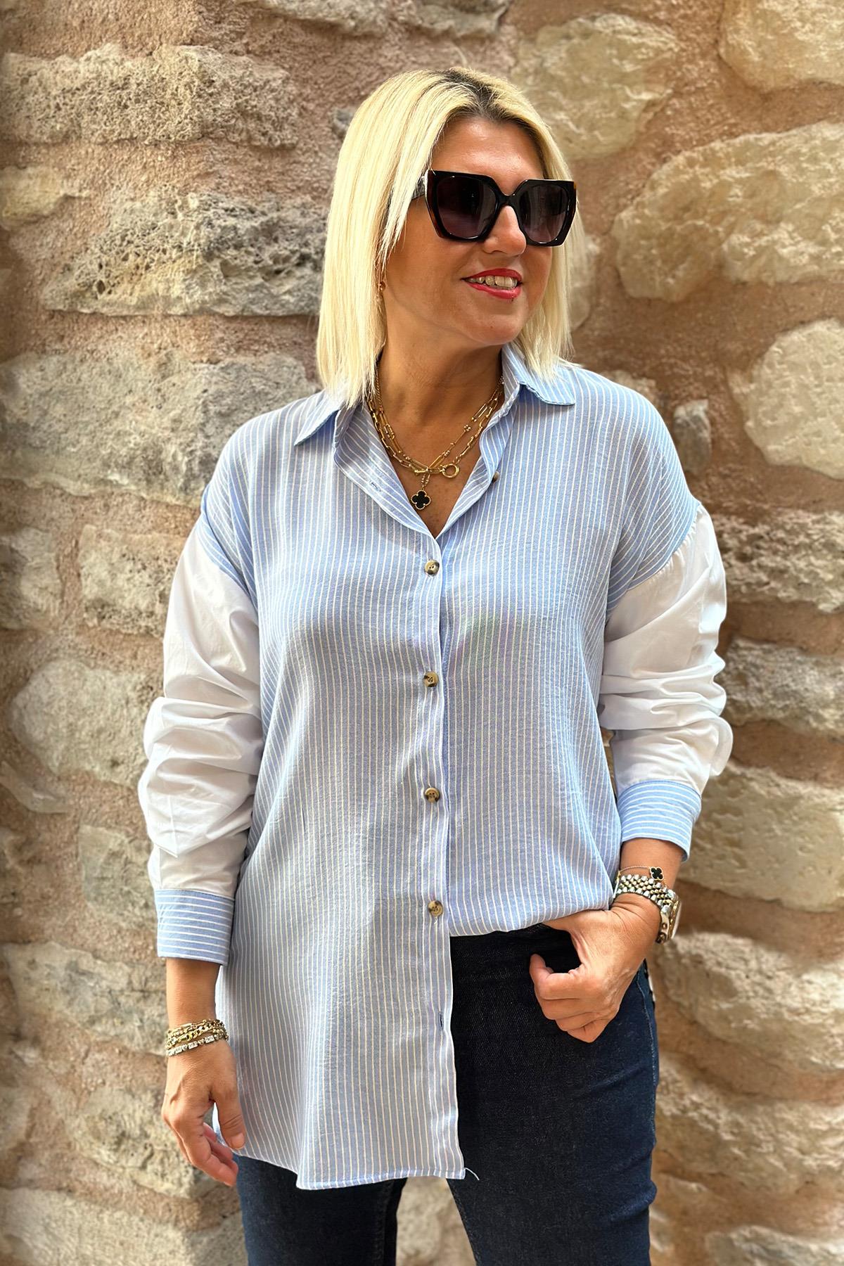 Çizgili Sırtı Leopar Baskılı Cotton GömlekUK2240181-MAVI-STD