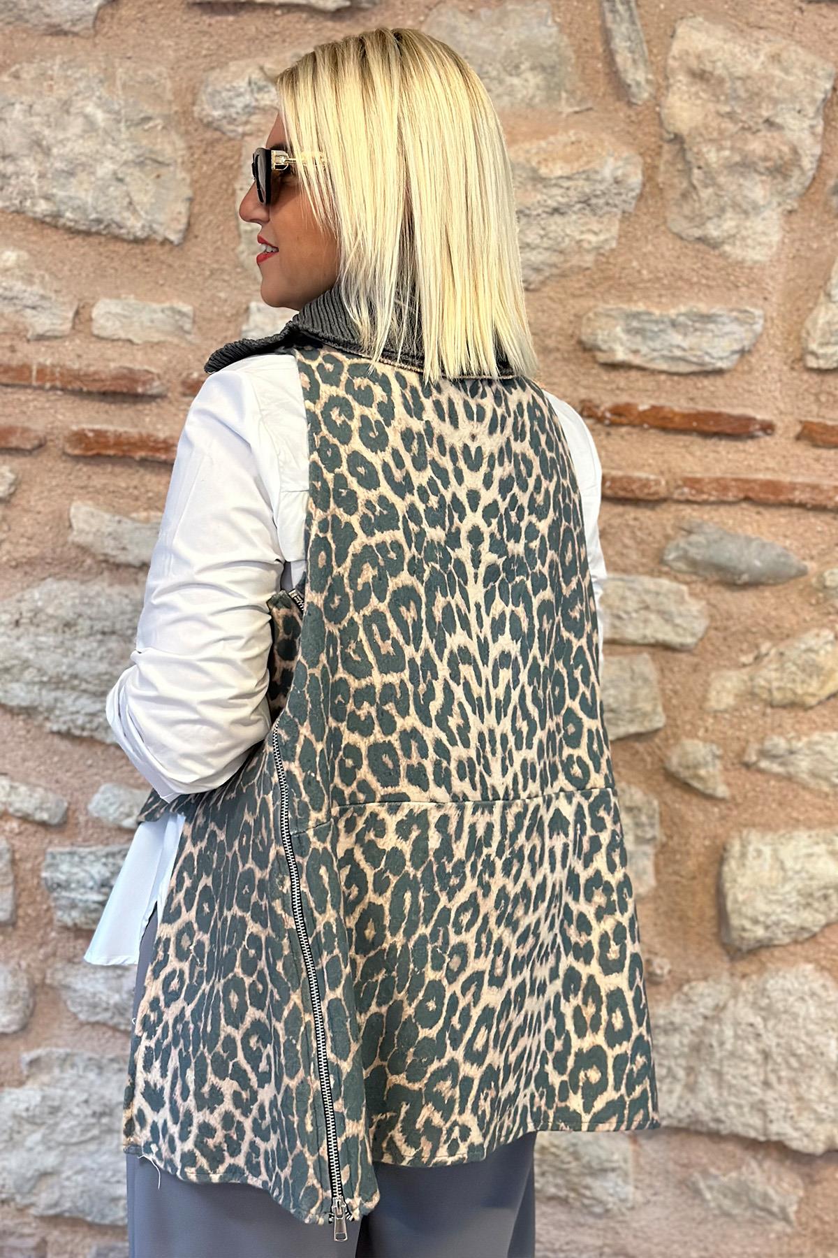 Degaje Yaka Triko Leopar Desen Salaş SüveterUK22802024-LEOPAR-STD
