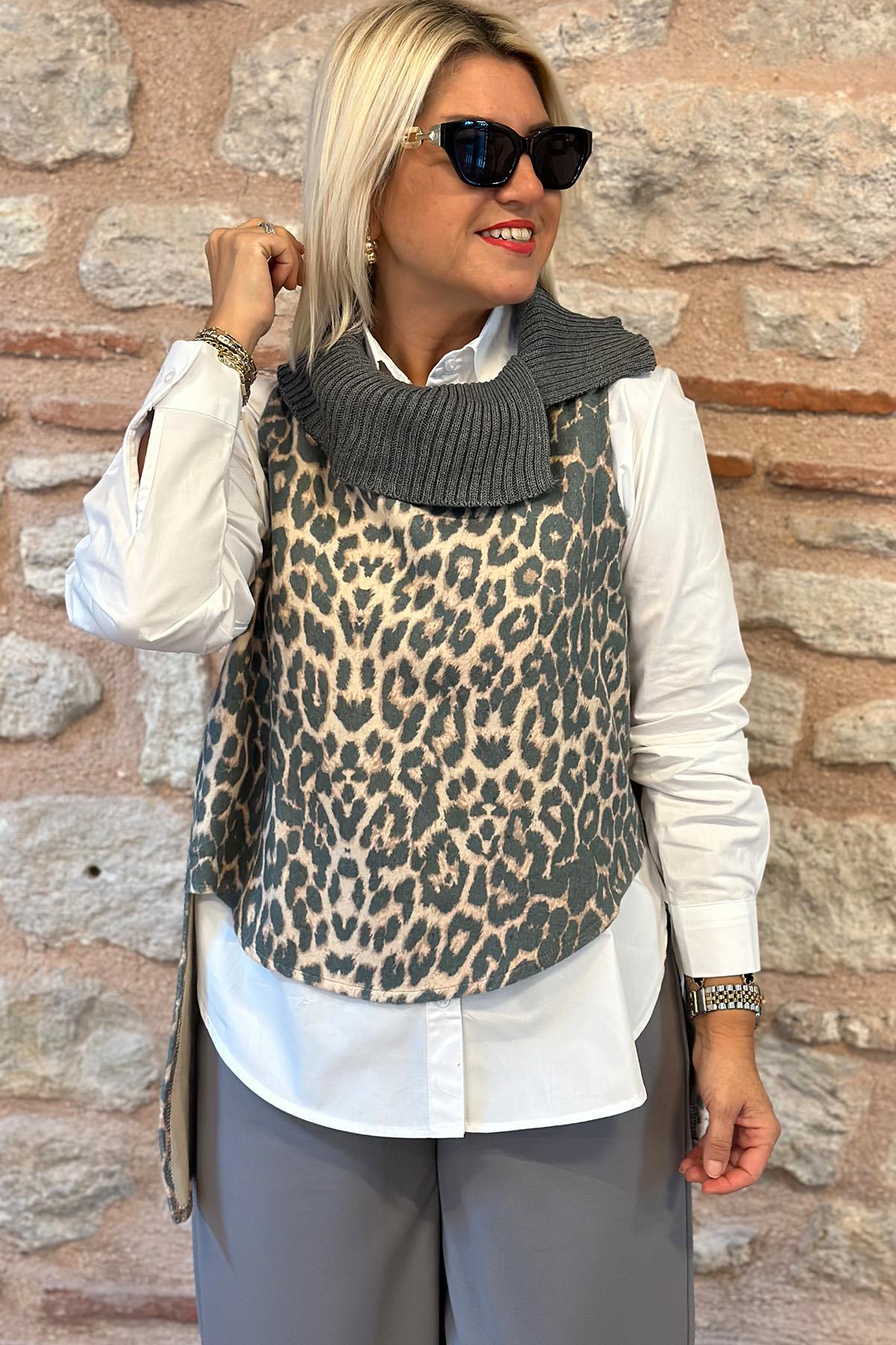 Degaje Yaka Triko Leopar Desen Salaş SüveterUK22802024-LEOPAR-STD