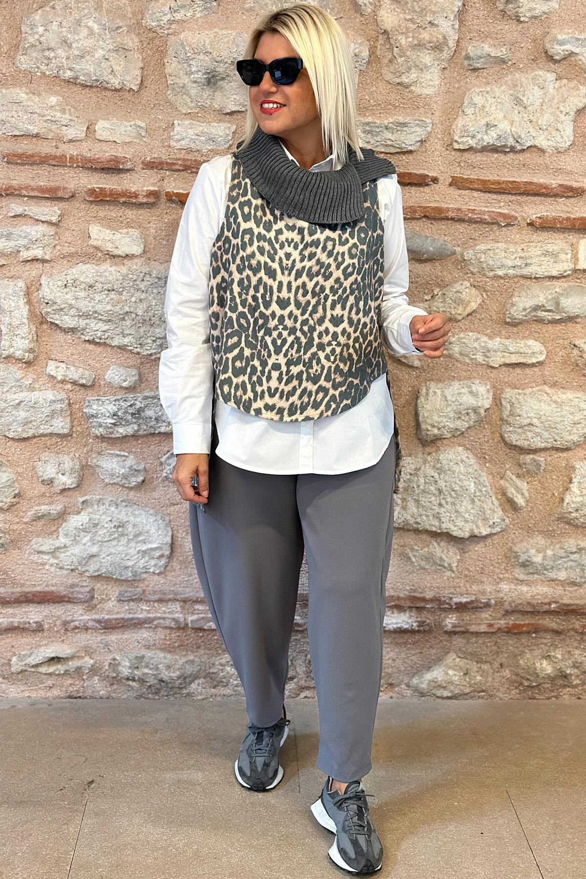 Degaje Yaka Triko Leopar Desen Salaş SüveterUK22802024-LEOPAR-STD