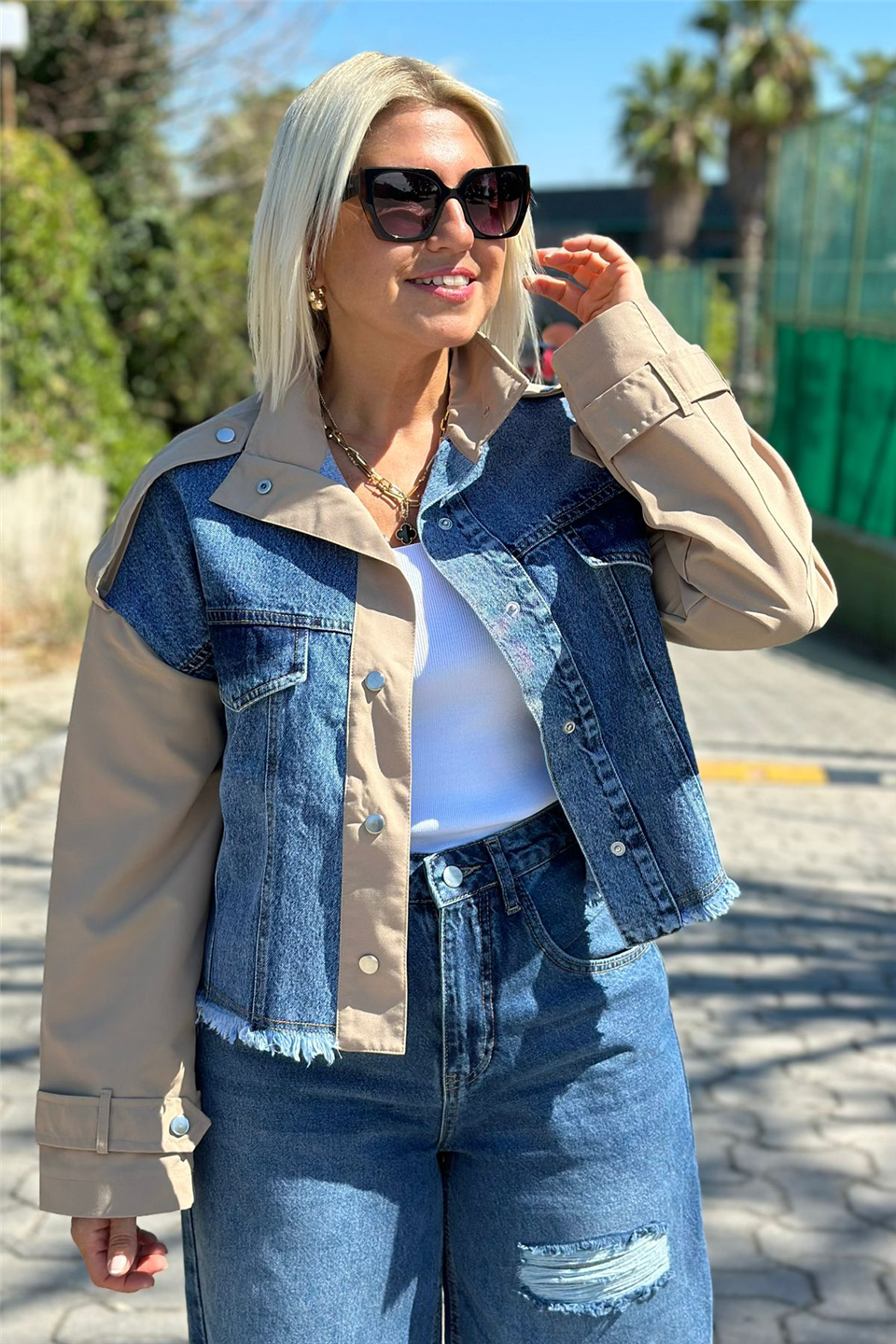 Denim Garnili Çift Cep Kısa TrençkotDK2230125-BEJ-S