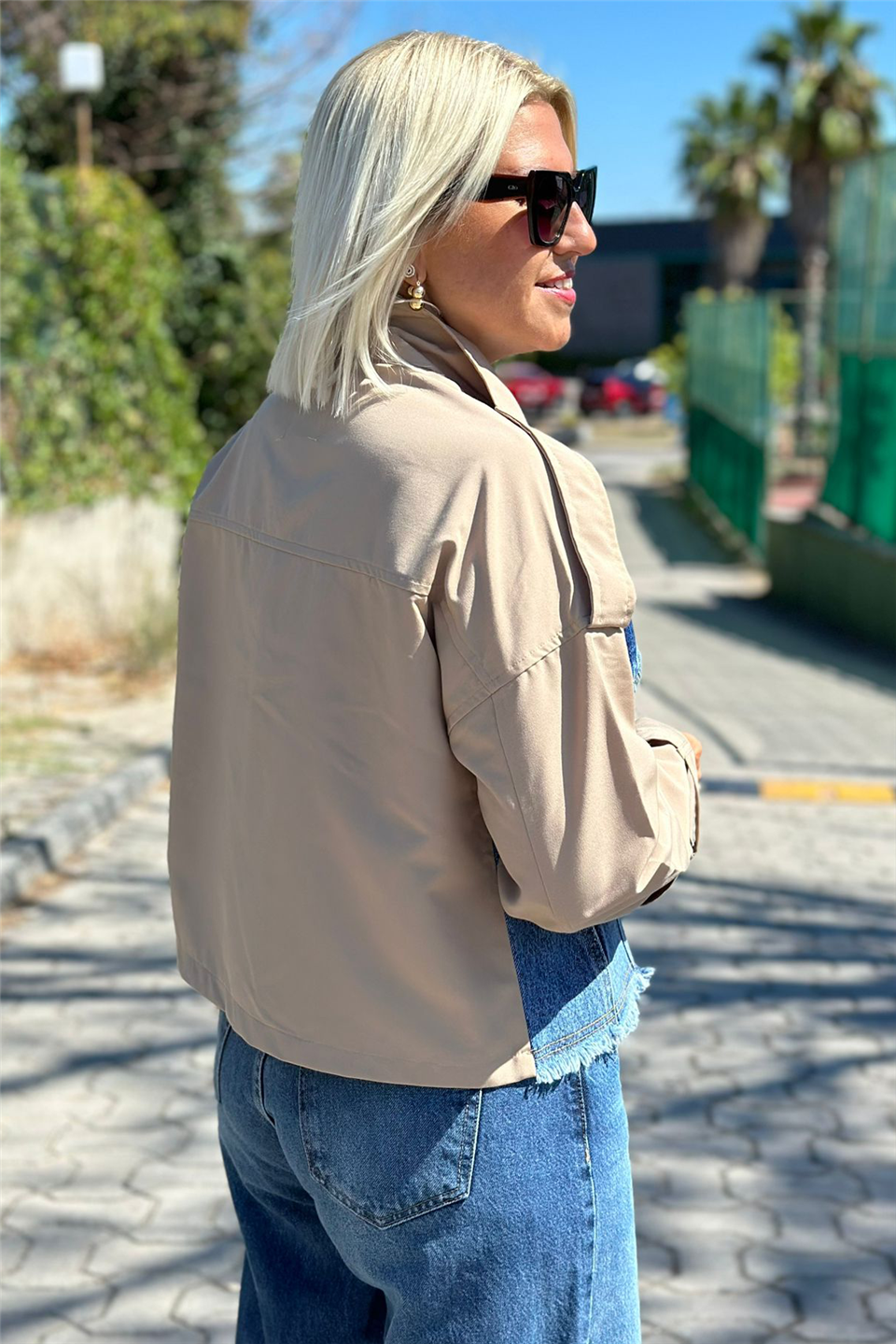 Denim Garnili Çift Cep Kısa TrençkotDK2230125-BEJ-S