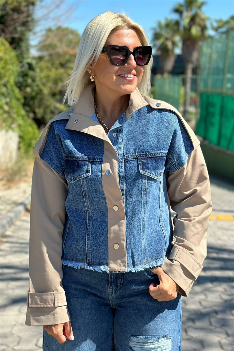 Denim Garnili Çift Cep Kısa TrençkotDK2230125-BEJ-S