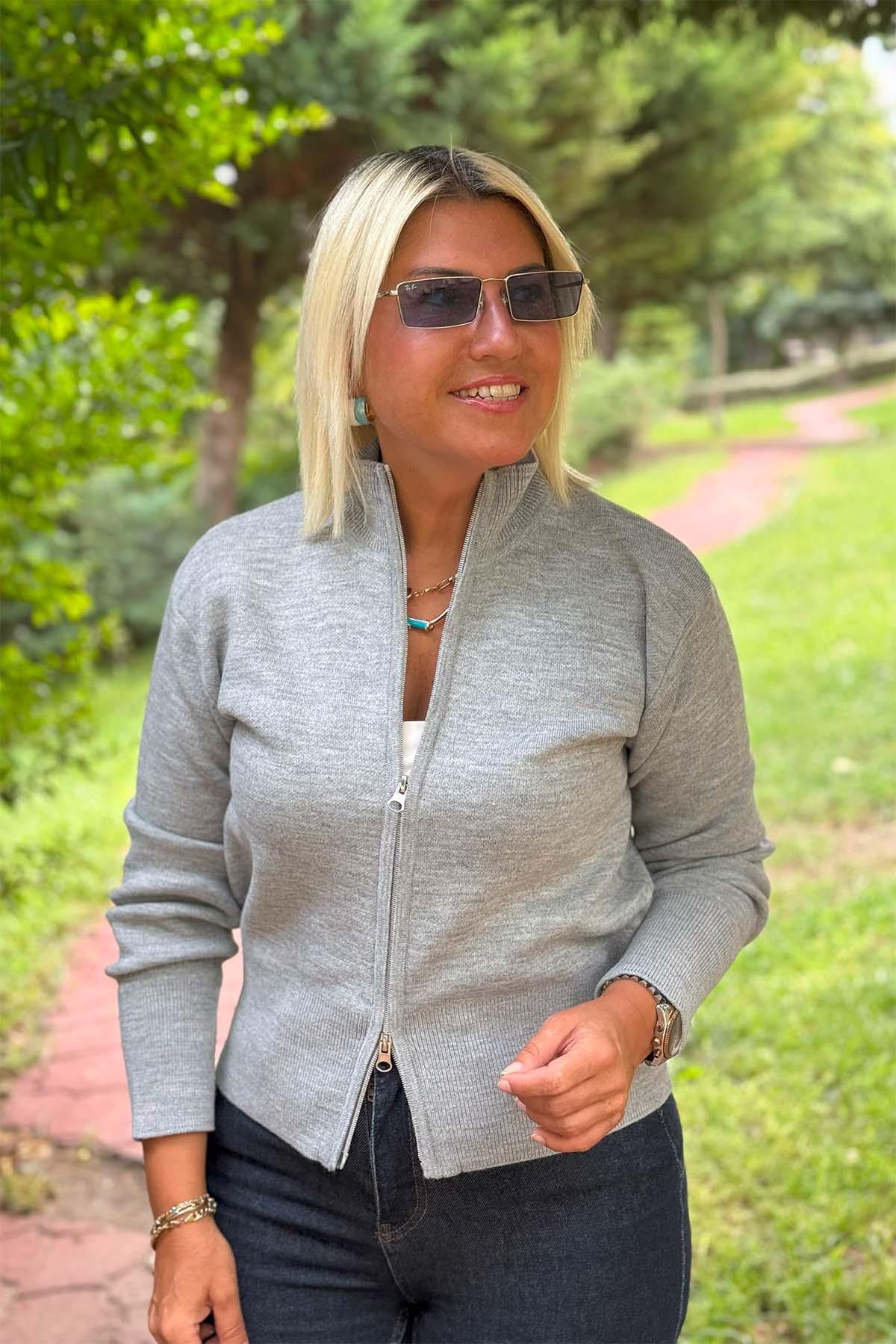 Dik Yaka Çift Fermuarlı Triko HırkaDKH20250909-GRI-STD