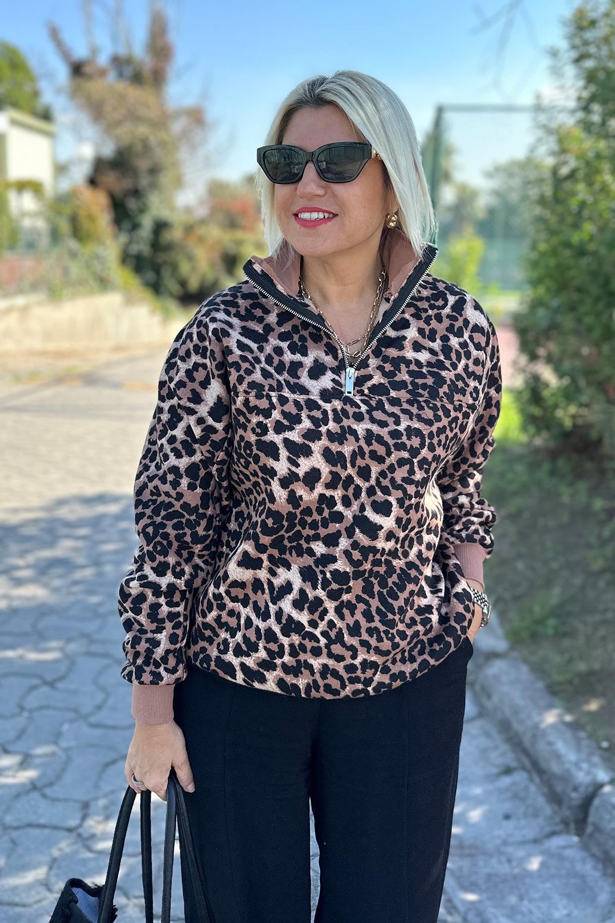 Dik Yaka Fermuarlı Leopar SweatUK2250141-KAHVERENGI-S