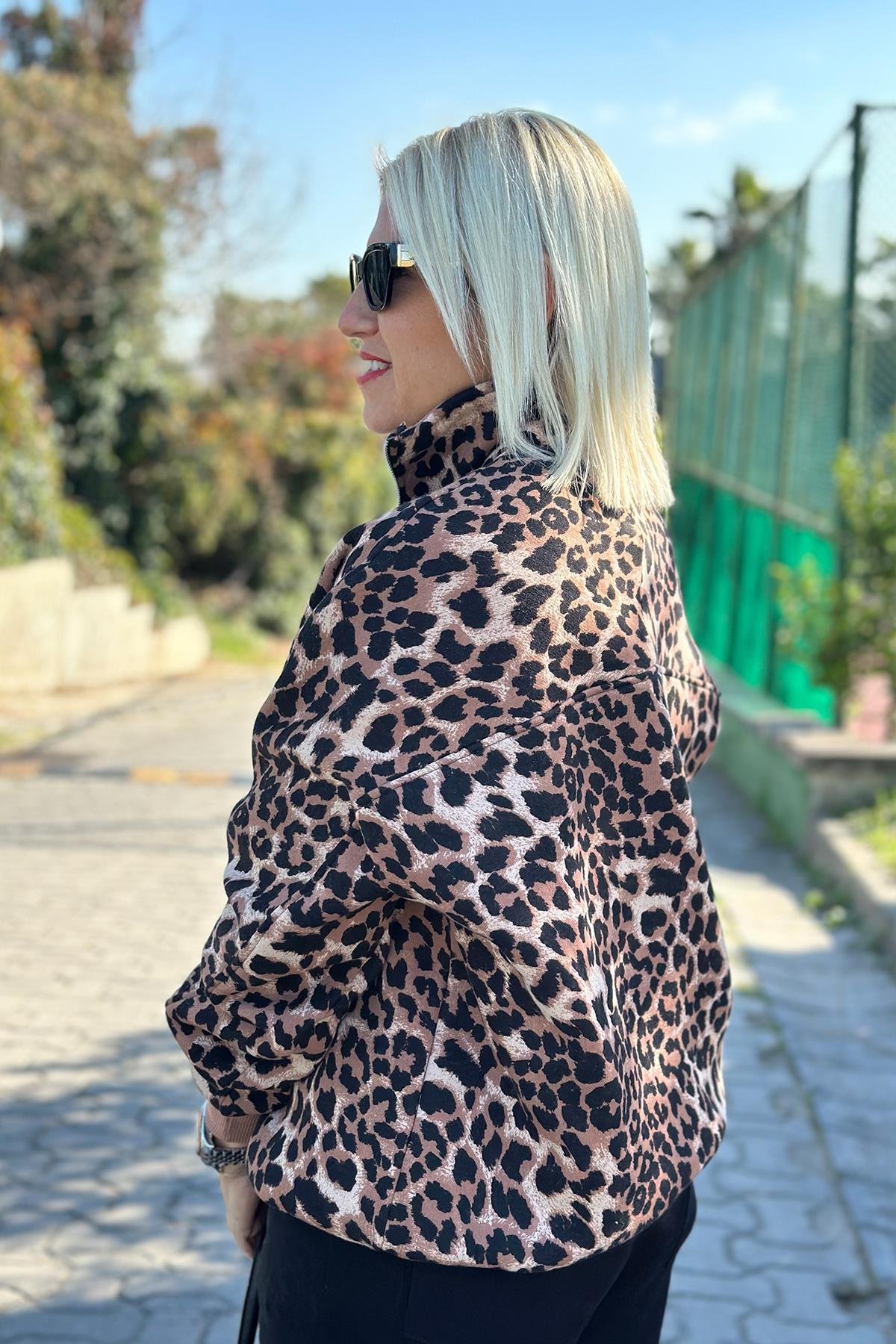 Dik Yaka Fermuarlı Leopar SweatUK2250141-KAHVERENGI-S