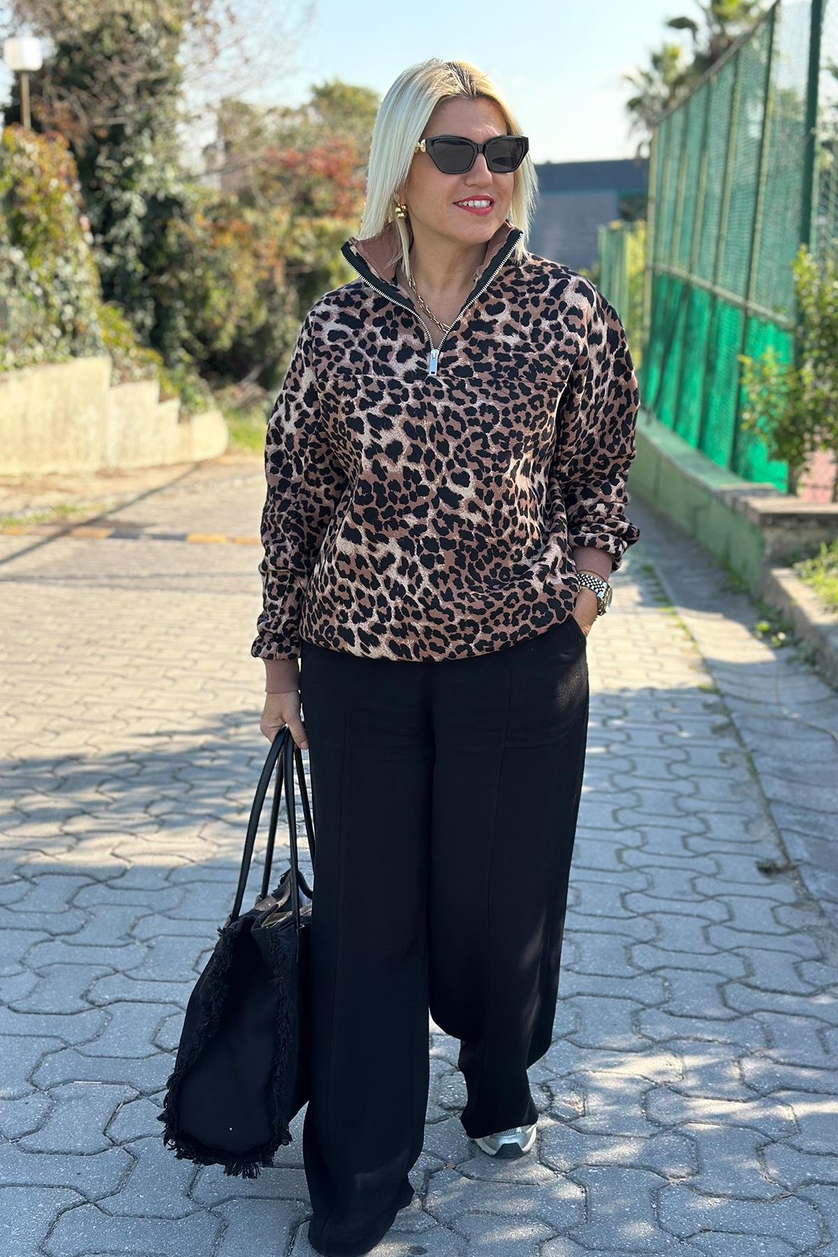 Dik Yaka Fermuarlı Leopar SweatUK2250141-KAHVERENGI-S
