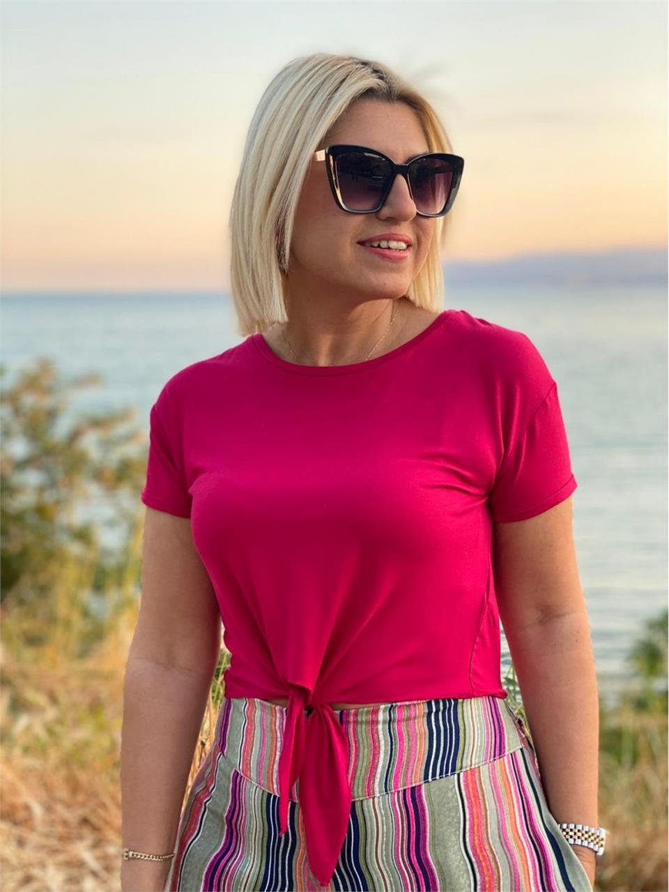 Fuşya Bisiklet Yaka Bağlamalı Tshirt  UY217008-Fuşya