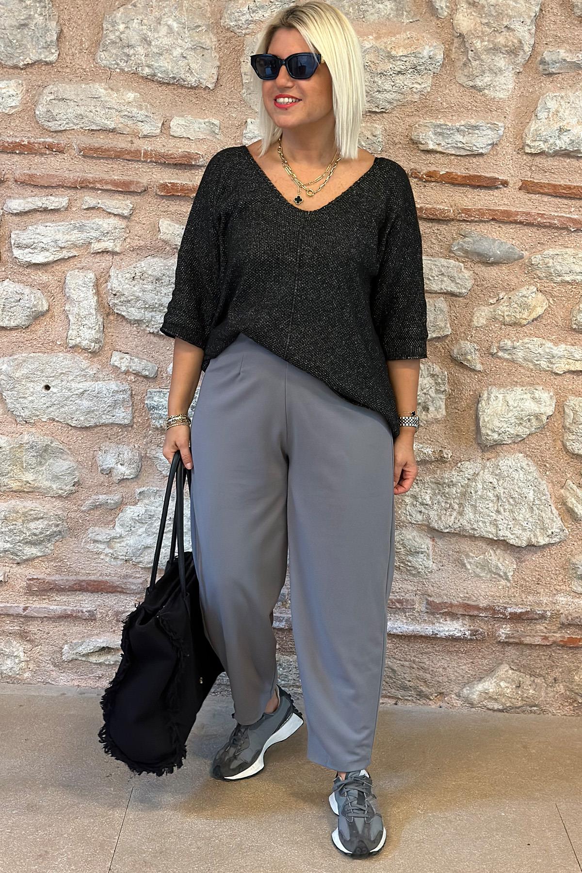 Gri Beli Lastikli Şalvar Model Crep PantolonUK224048105-GRI-S