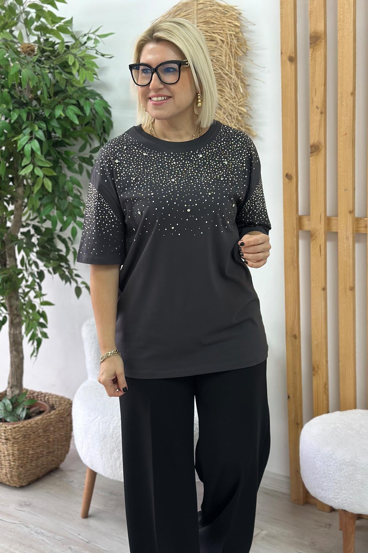 Gri Bisiklet Yaka Taş Baskılı TshirtUTS25002051-GRI-S