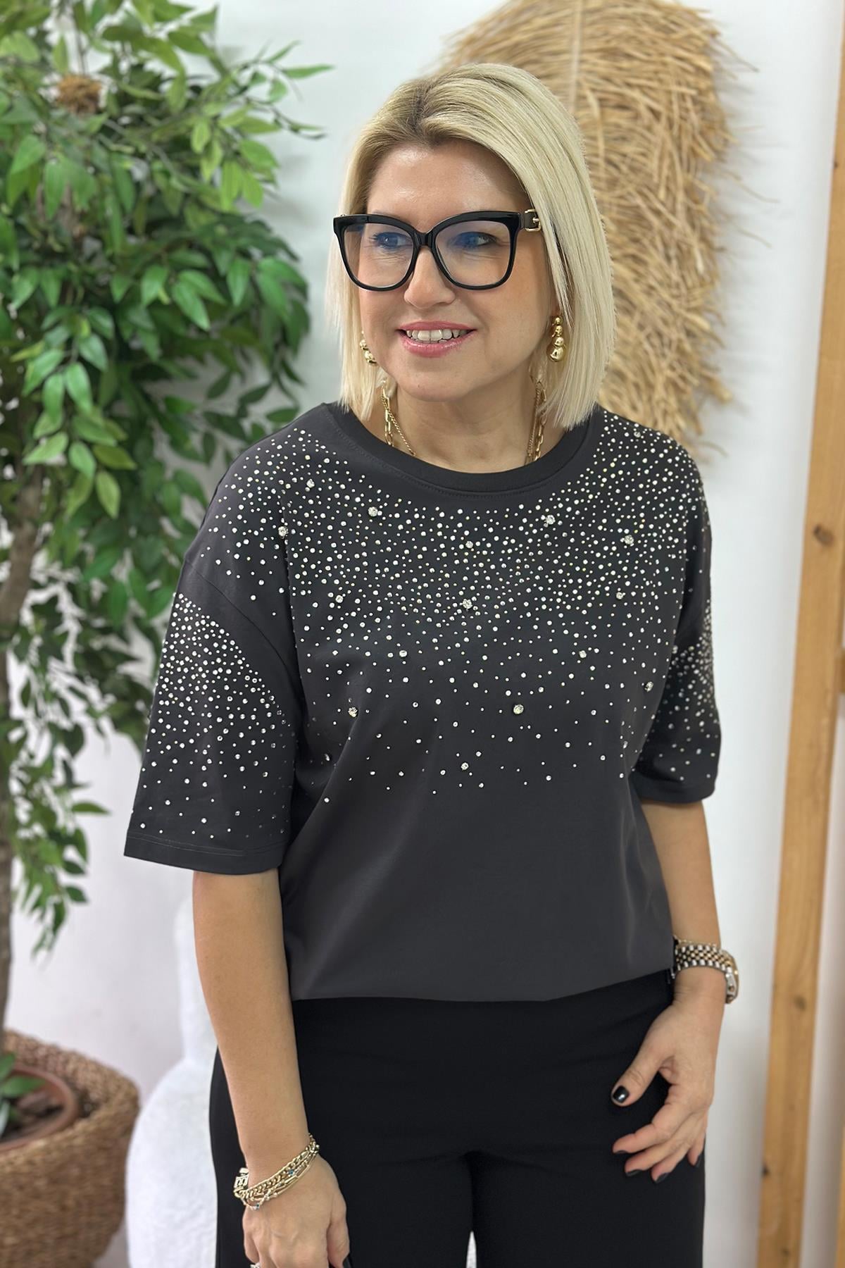 Gri Bisiklet Yaka Taş Baskılı TshirtUTS25002051-GRI-S