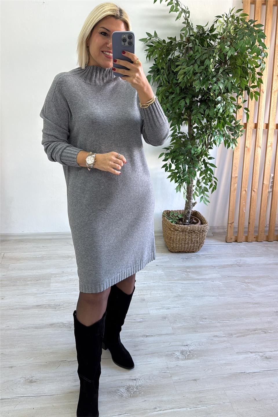 Gri Dik Yaka Düz Basic Lycralı Triko ElbiseELB25013124-GRI-STD