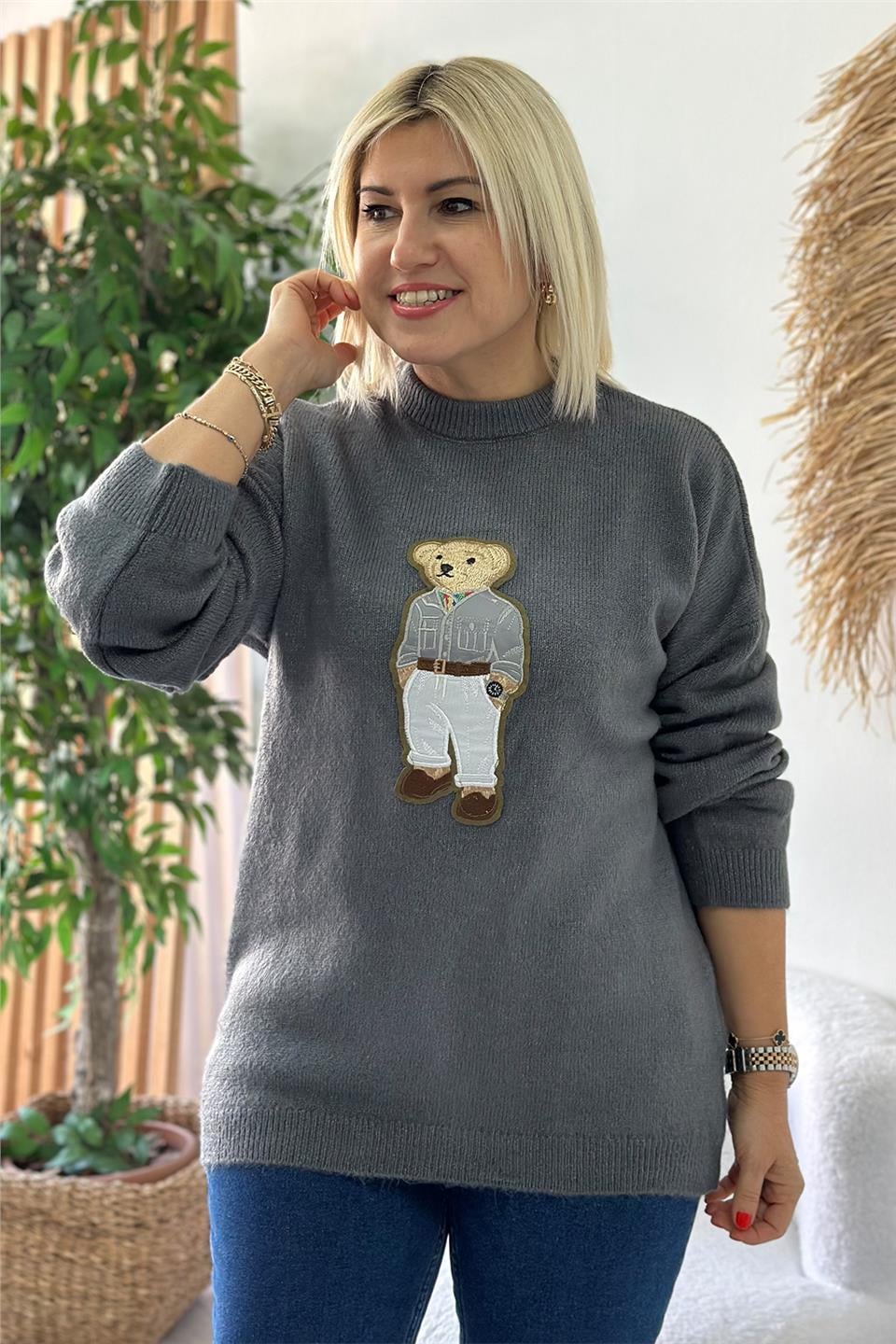 Gri Teddy Nakışlı KazakUT24110954-GRI-STD