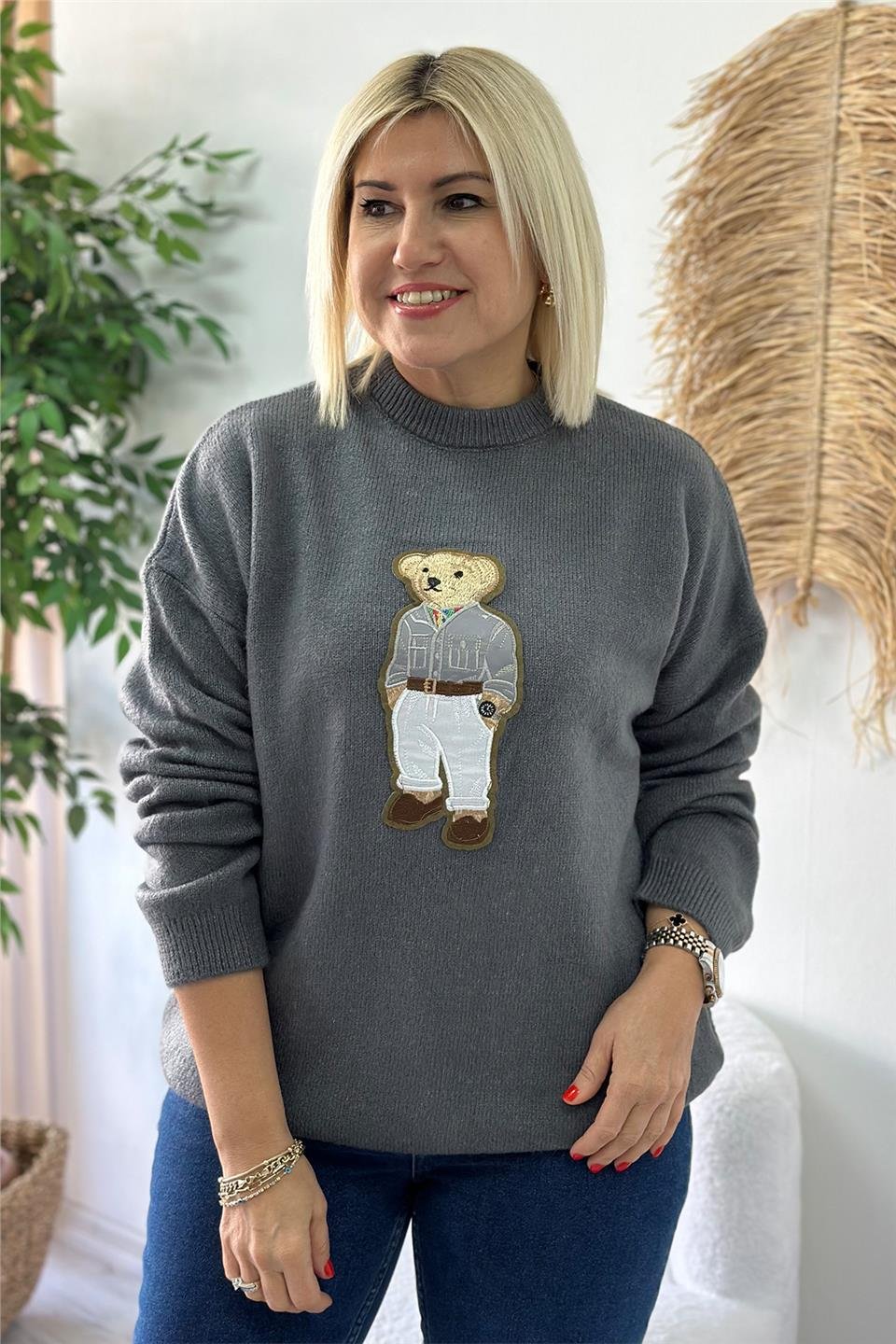 Gri Teddy Nakışlı KazakUT24110954-GRI-STD