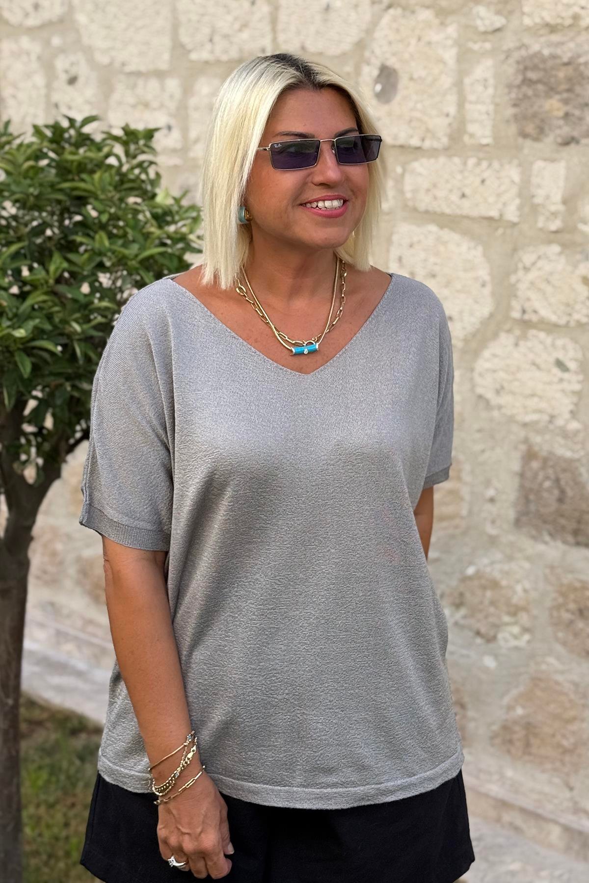 Gri V Yaka Mevsimlik İnce TrikoUK22802012-GRI-STD