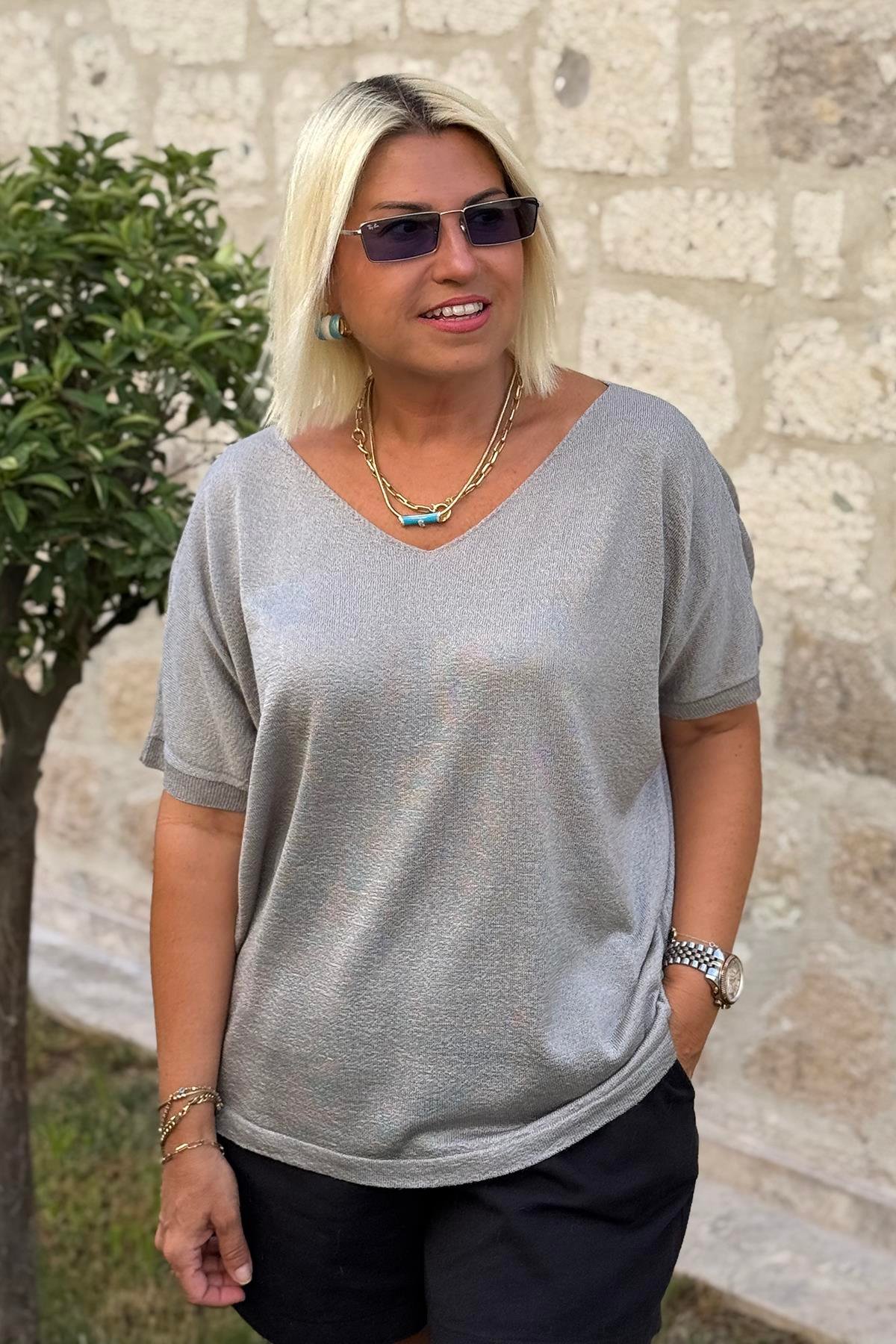 Gri V Yaka Mevsimlik İnce TrikoUK22802012-GRI-STD