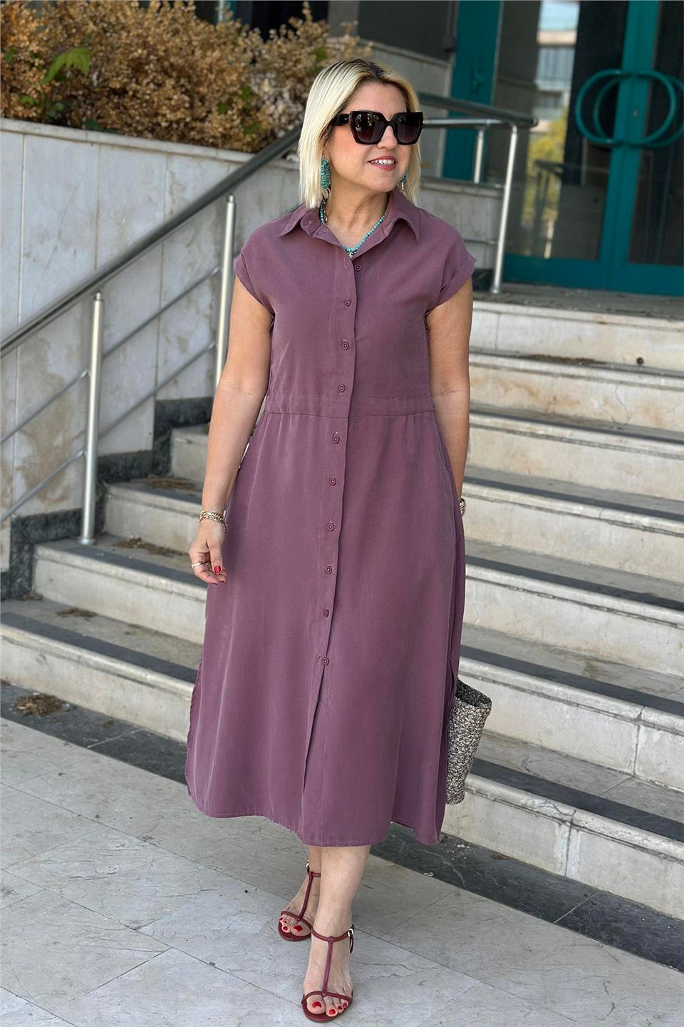 Gül Kurusu Polo Yaka Belden Ayarlanabilir Tansel Gömlek ElbiseELB2401261-GULKURUSU-S