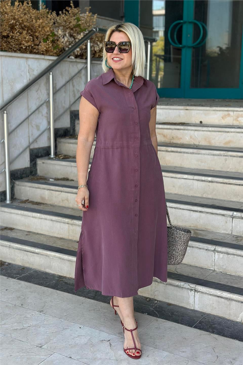 Gül Kurusu Polo Yaka Belden Ayarlanabilir Tansel Gömlek ElbiseELB2401261-GULKURUSU-S