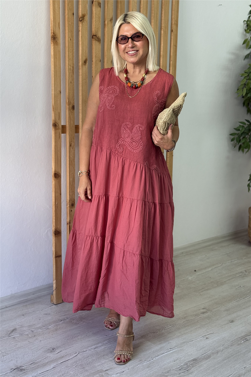 Gül Kurusu Sıfır Kol Şal Desen Kabartmalı Pamuk ElbiseELB26001087-GULKURUSU-STD