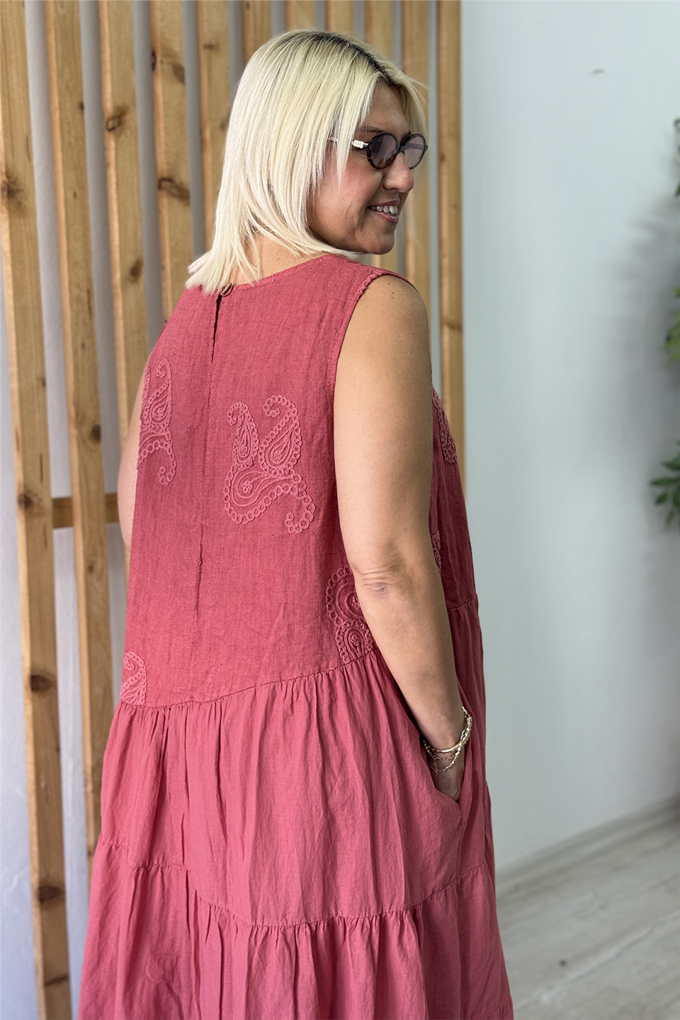 Gül Kurusu Sıfır Kol Şal Desen Kabartmalı Pamuk ElbiseELB26001087-GULKURUSU-STD