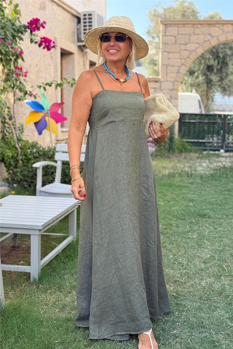 Haki Askılı Sırt Lastikli Uzun Keten ElbiseELB2401339-HAKI-STD