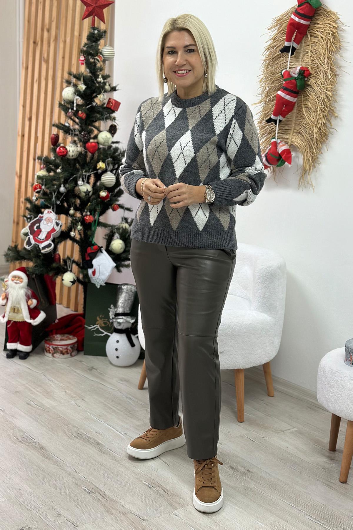 Haki Beli Lastikli Dikişli Boru Paça Deri PantolonAP24110901-HAKI-S