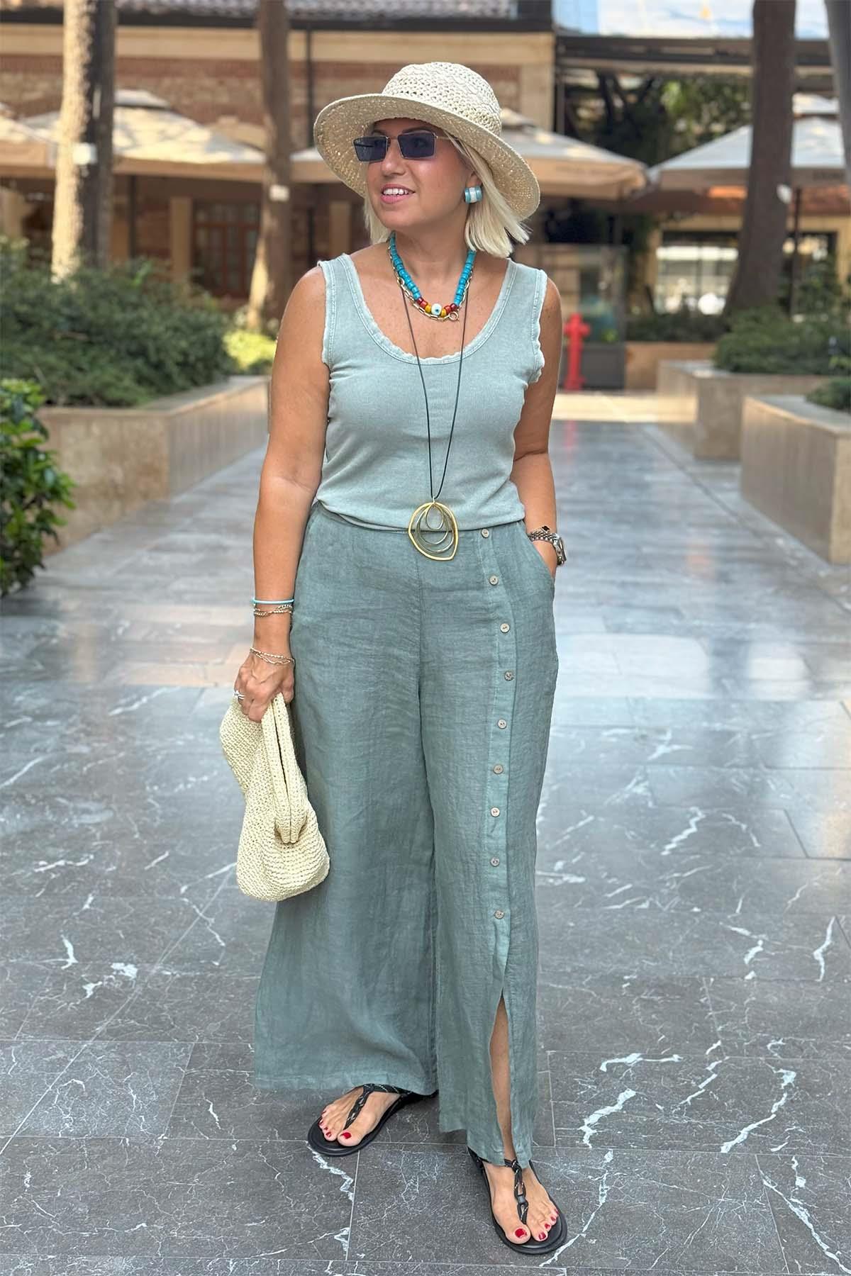 Haki Beli Lastikli Düğme Detay Keten PantolonUK224048137-HAKI-STD