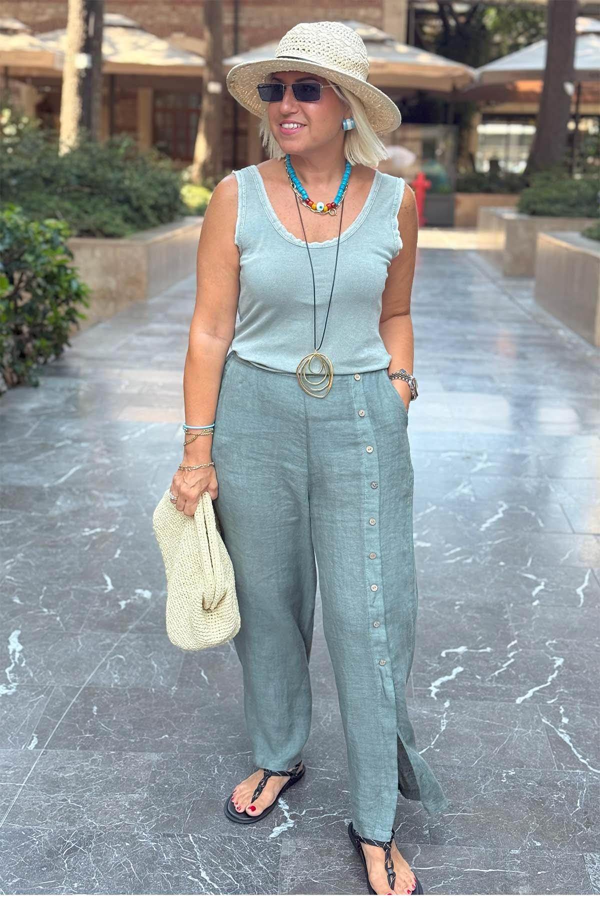 Haki Beli Lastikli Düğme Detay Keten PantolonUK224048137-HAKI-STD
