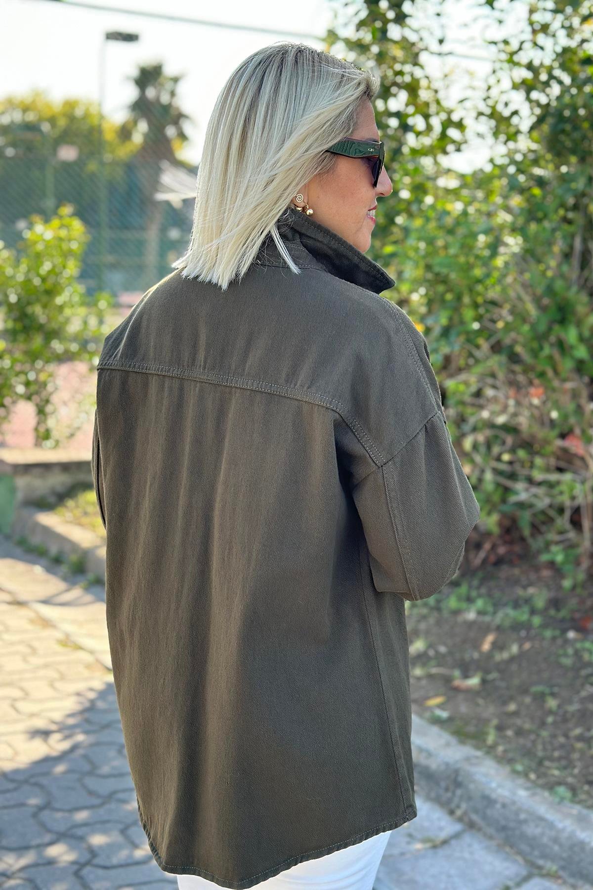 Haki Cepleri Boncuklu Denim CeketDK2230139-HAKI-42