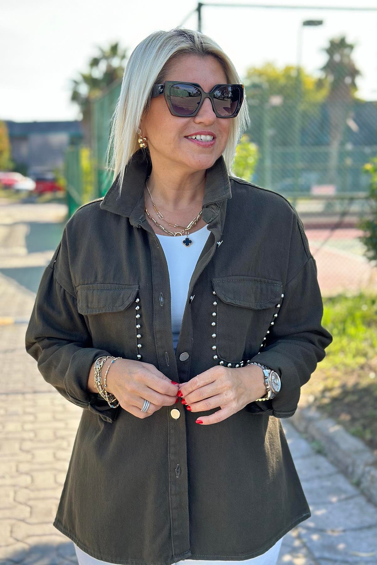 Haki Cepleri Boncuklu Denim CeketDK2230139-HAKI-42