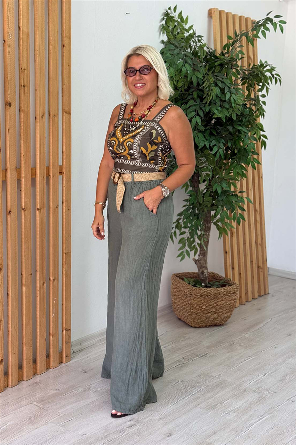 Haki Hasır Kemerli Bol Paça Keten PantolonAPNT20250987-HAKI-STD