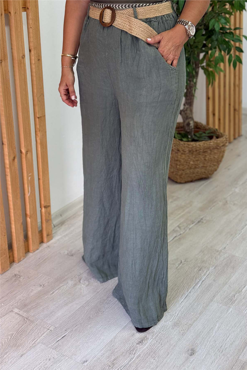Haki Hasır Kemerli Bol Paça Keten PantolonAPNT20250987-HAKI-STD