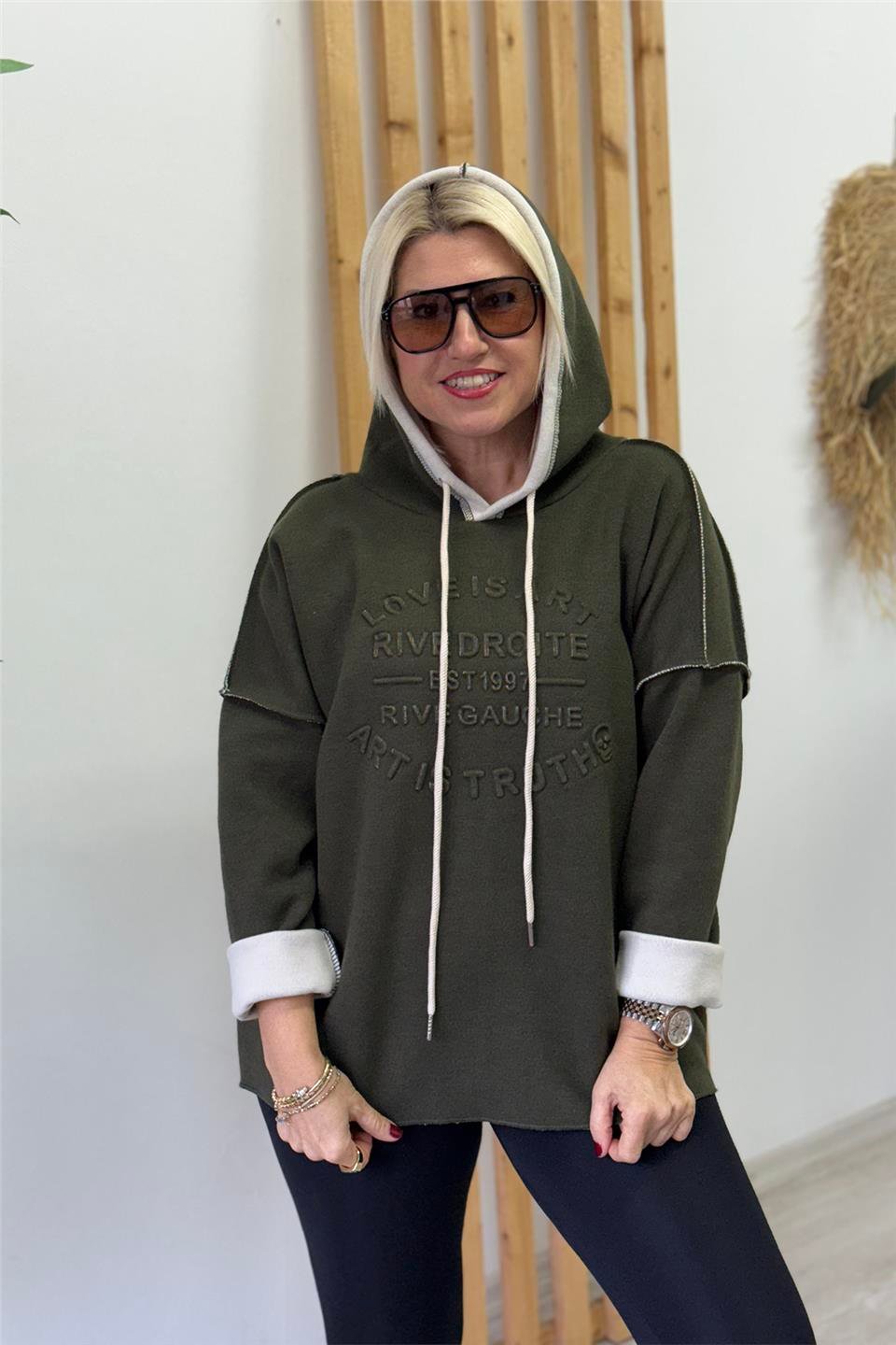 Haki Kapüşonlu Kabartma Baskılı Örme Triko SweatUSW26001001-HAKI-STD