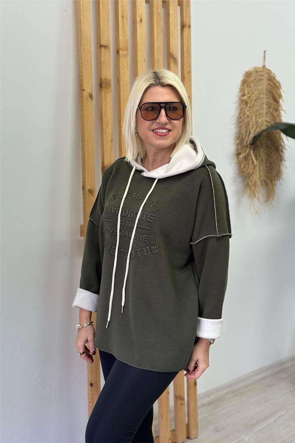 Haki Kapüşonlu Kabartma Baskılı Örme Triko SweatUSW26001001-HAKI-STD