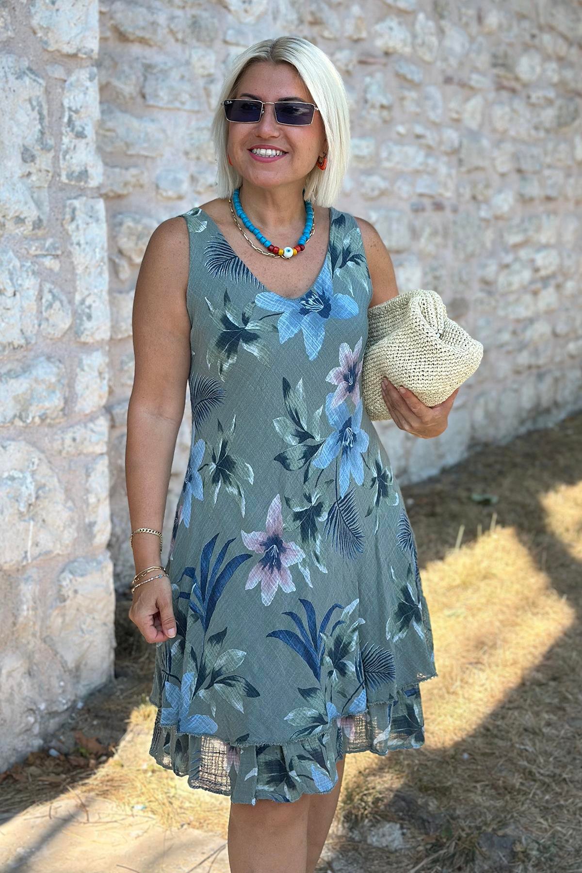 Haki Kolsuz Ön Arka V Yaka İki Kat Pamuk ElbiseELB2401322-HAKI-STD